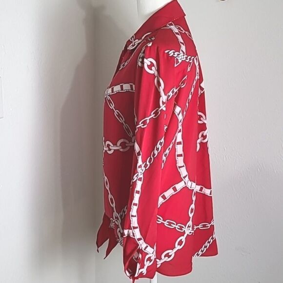 Susan Graver Red Blouse w/ White Chain Print, Longsleeve, Ties at Waist, Size 2 - Picture 6 of 9
